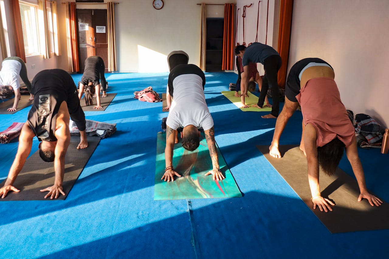 Services A group of adults practicing yoga in a sunlit studio in Rishikesh, India.