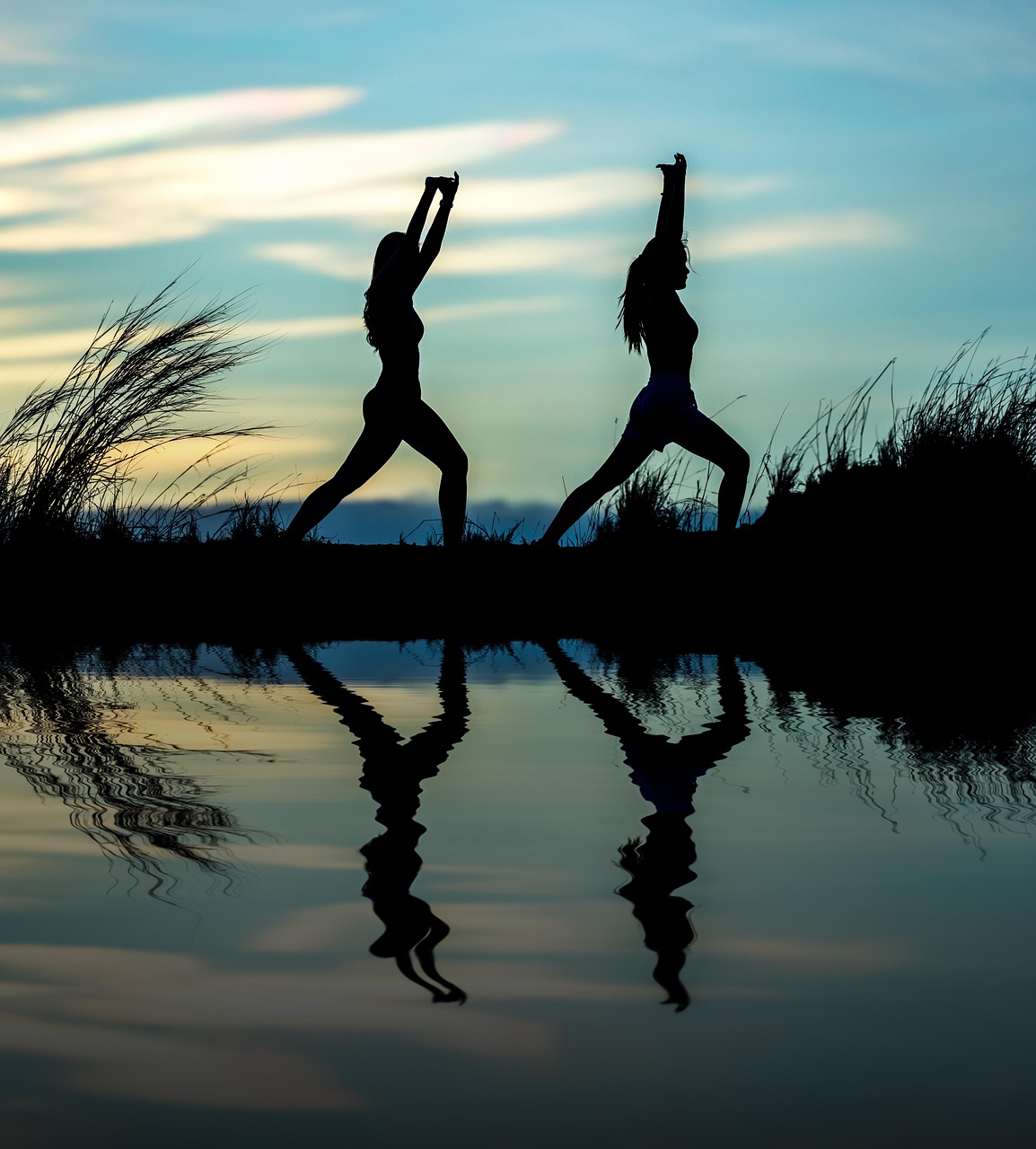 Home women, yoga, silhouettes, water, reflection, mirroring, water reflection, pose, posing, yoga pose, meditation, stretching, wellness, well-being, exercise, adults, asia, girls, morning, outdoors, pair, people, stance, nature, sunrise, sunset
